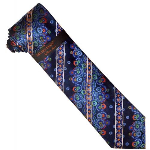 Steven Land "Big Knot" BWR635 Navy Multicolor Artistic Design 100% Woven Silk Necktie / Hanky Set